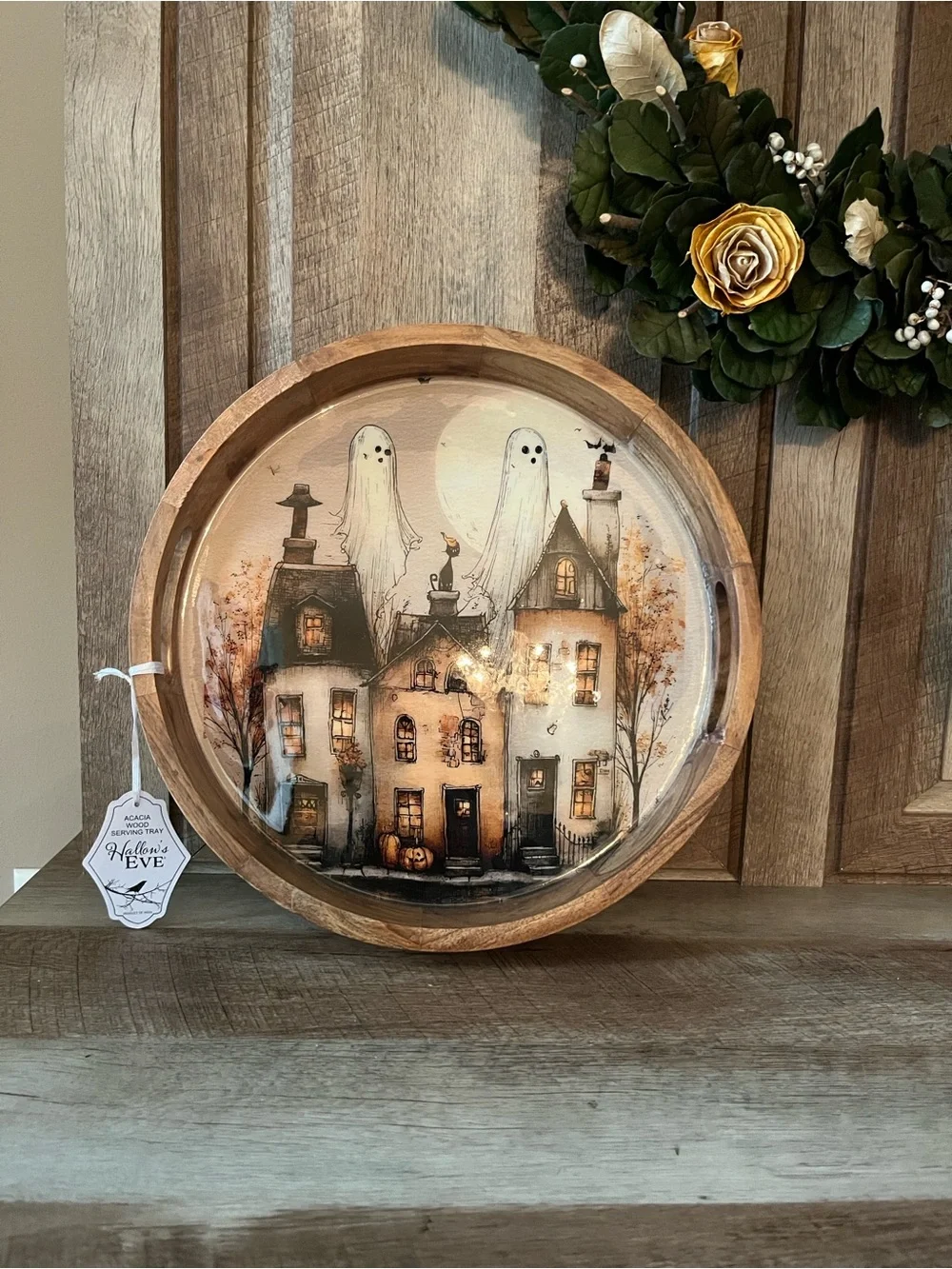 Viral Halloween Whimsical Ghost Wooden Tray Haunted House